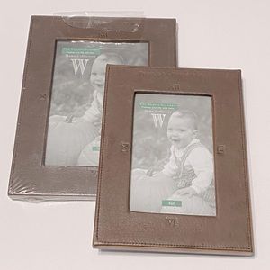 Two Brown Faux Leather Photo Frames with Roman Numeral Clock & Time Inscription